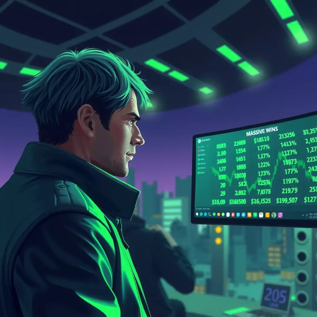 A person looking at a porfolio gains in a futuristic dystopian future.